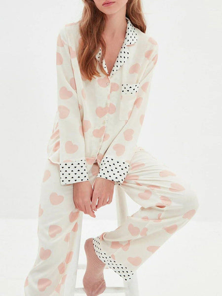 Women's Heart Print Button-Up Pyjama Set