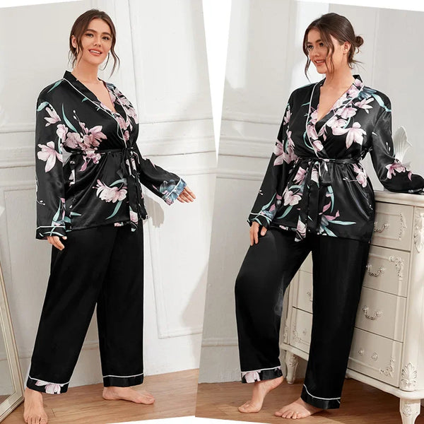 Plus Size Women's Satin Cardigan Pyjamas Set