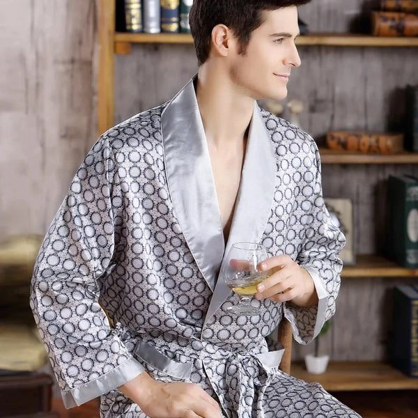 Mens Silk Grey Silk Dressing Gown Men's Geometric Silk Robe Luxury Gown Mens Silk Grey Silk Dressing Gown Men's Geometric Silk Robe Luxury Gown