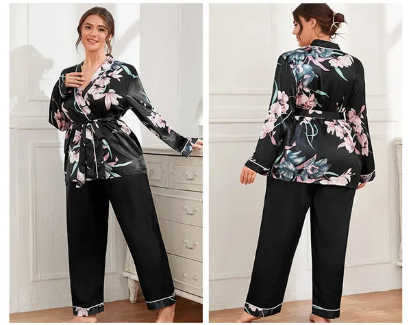 Plus Size Women's Satin Cardigan Pyjamas Set