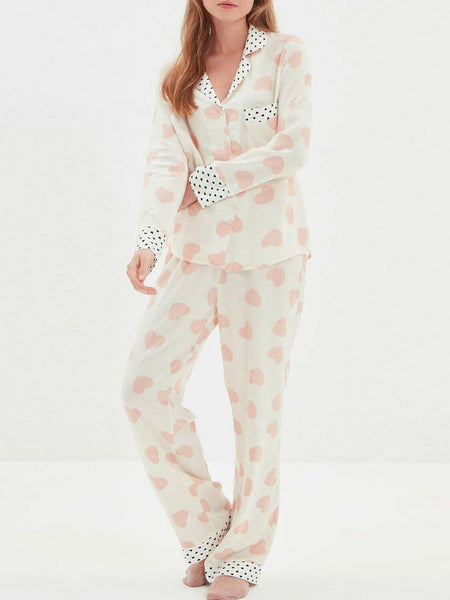 Women's Heart Print Button-Up Pyjama Set