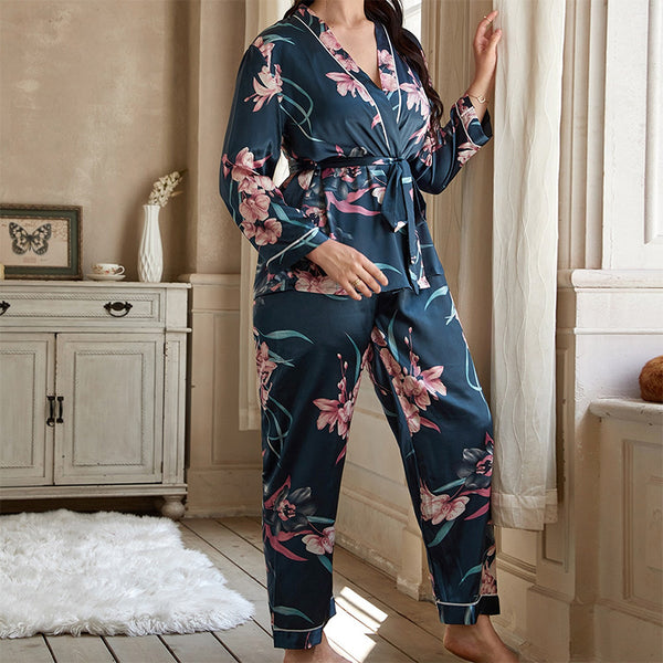 Plus Size Women's Satin Cardigan Pyjamas Set