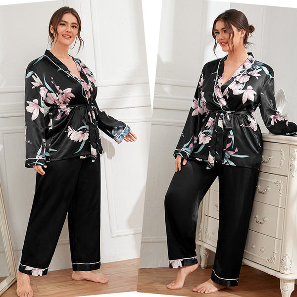 Plus Size Women's Satin Cardigan Pyjamas Set
