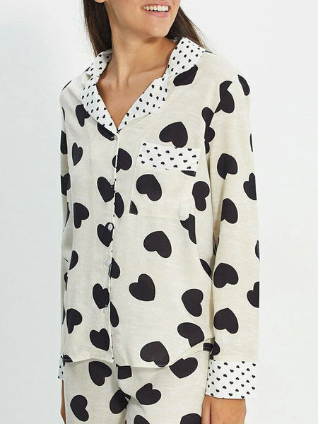 Women's Heart Print Button-Up Pyjama Set